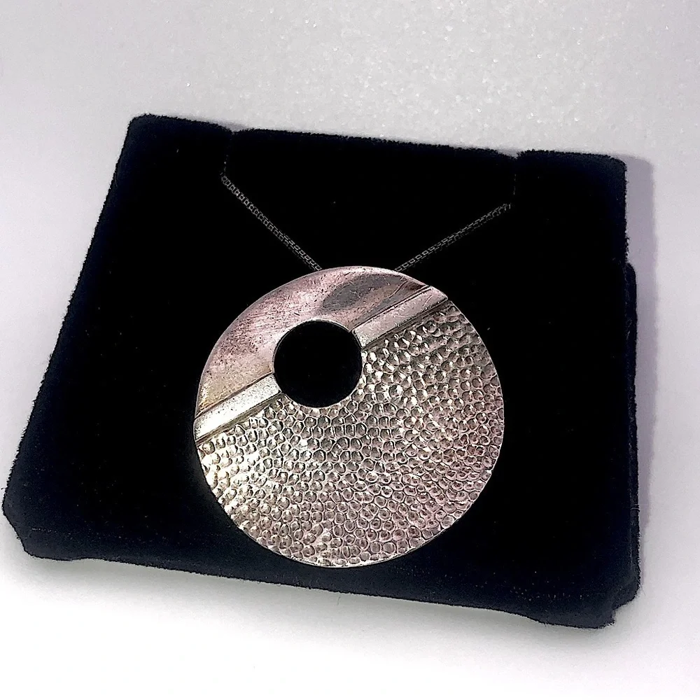 Vtg 925 Sterling Modernist Circle Pendant & Boxlink Chain 21” & 1.5” / 19.5g - Picture 4 of 10
